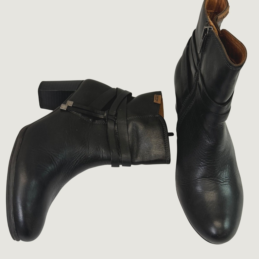 Pikolinos Baqueira Wom 9.5 EU 40 Black Leather Ankle Boot Stacked Block Heel Zip